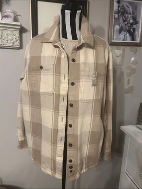 Carhartt Women’s Tan & Cream Plaid Button-Up Shacket small
